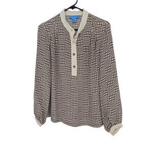 Doncaster Size 10 Womens Top Brown Artsy Geometric Print Silk Henley Blouse